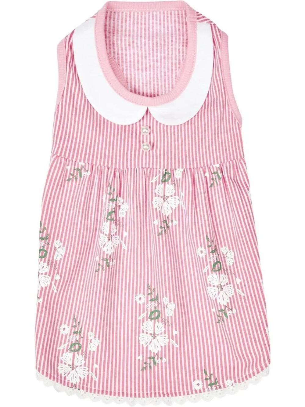 Floral Pink Stripe Dog Dress with Peter Pan Collar, 16